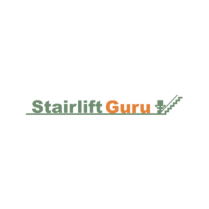 Stairlift Guru logo featuring the words "Stairlift Guru" in green and orange with an underlined base extending into a stairlift icon on a staircase.