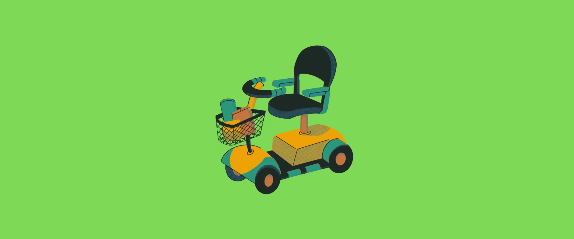 Stylized cartoon illustration of a mobility scooter with a black seat, teal armrests, and a yellow base, featuring a front basket containing items like a rolled-up blanket and a box, set against a bright green background.
