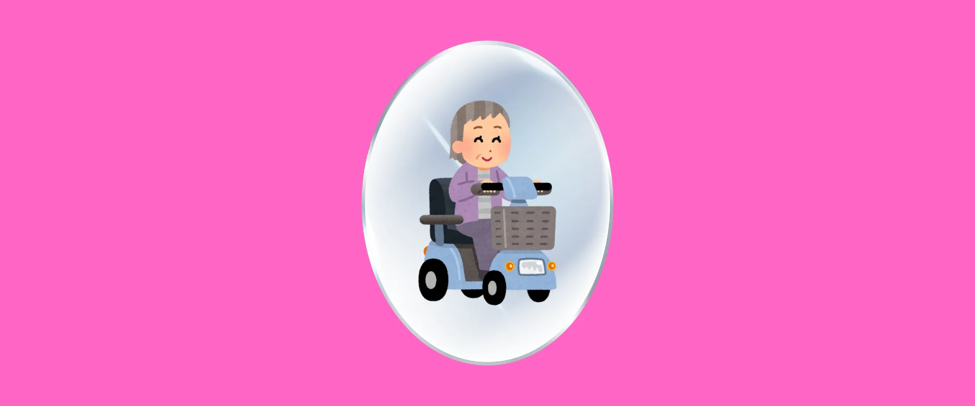 Cartoon-style illustration of an elderly woman smiling while riding a light blue mobility scooter, shown inside a glossy oval frame on a pink background.