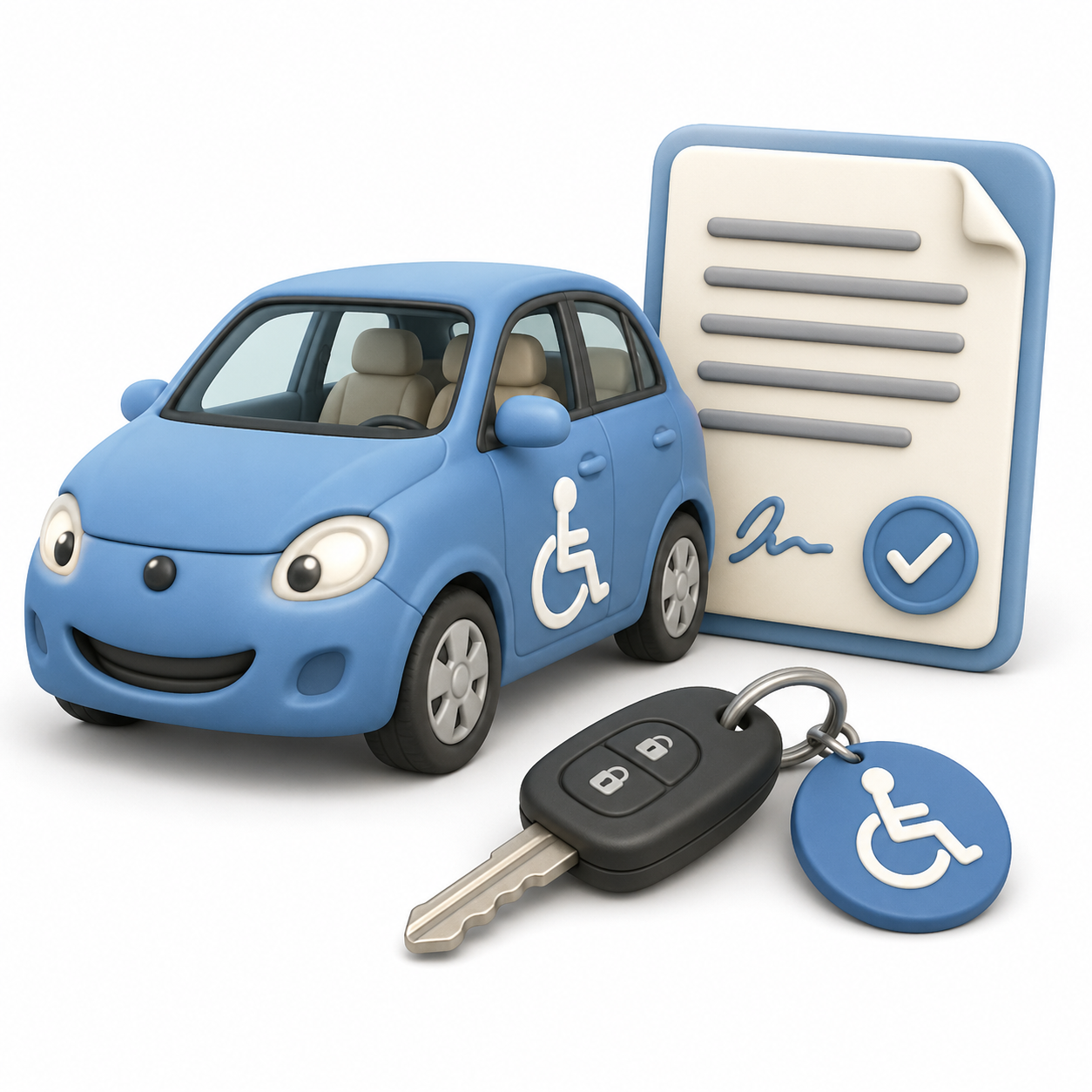 Soft 3D illustration of a car with wheelchair symbol, car keys, and Motability leasing document