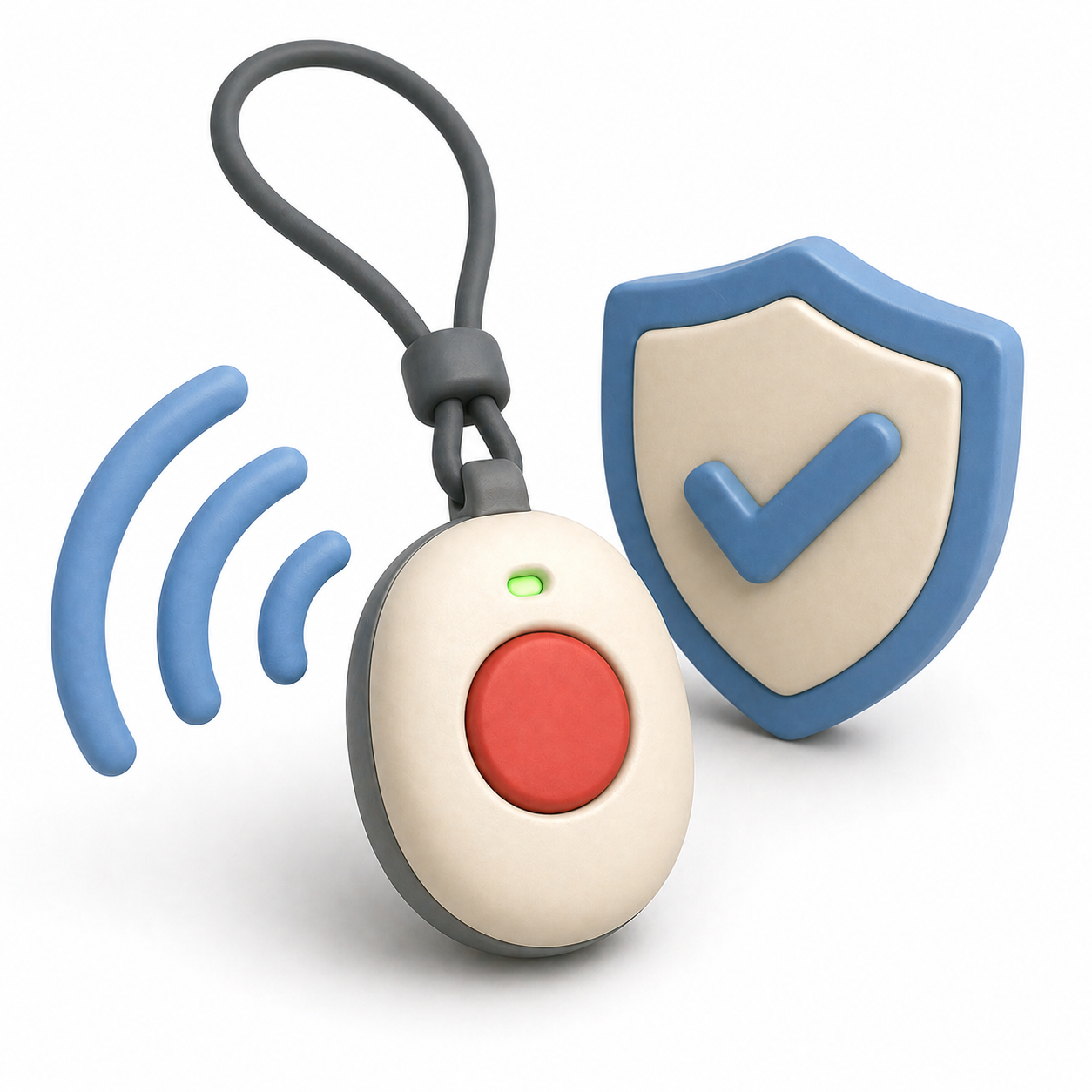 Soft 3D illustration of a fall detection pendant with motion sensor waves and shield symbol