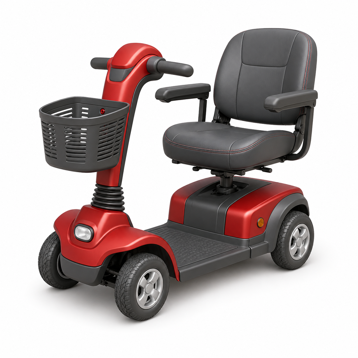 Soft 3D illustration of a red and grey mobility scooter on a white background