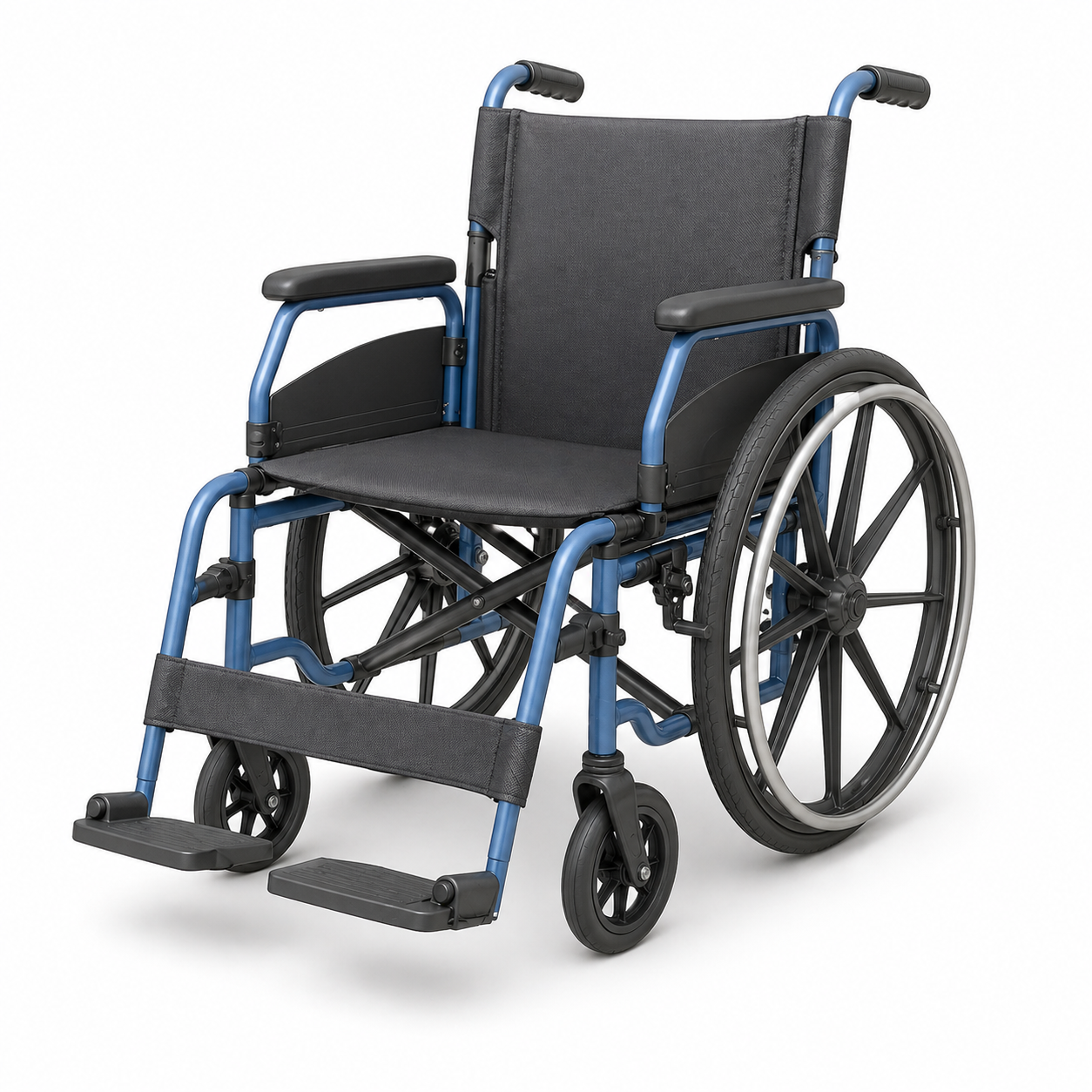 Soft 3D illustration of a blue frame and dark grey wheelchair on a white background