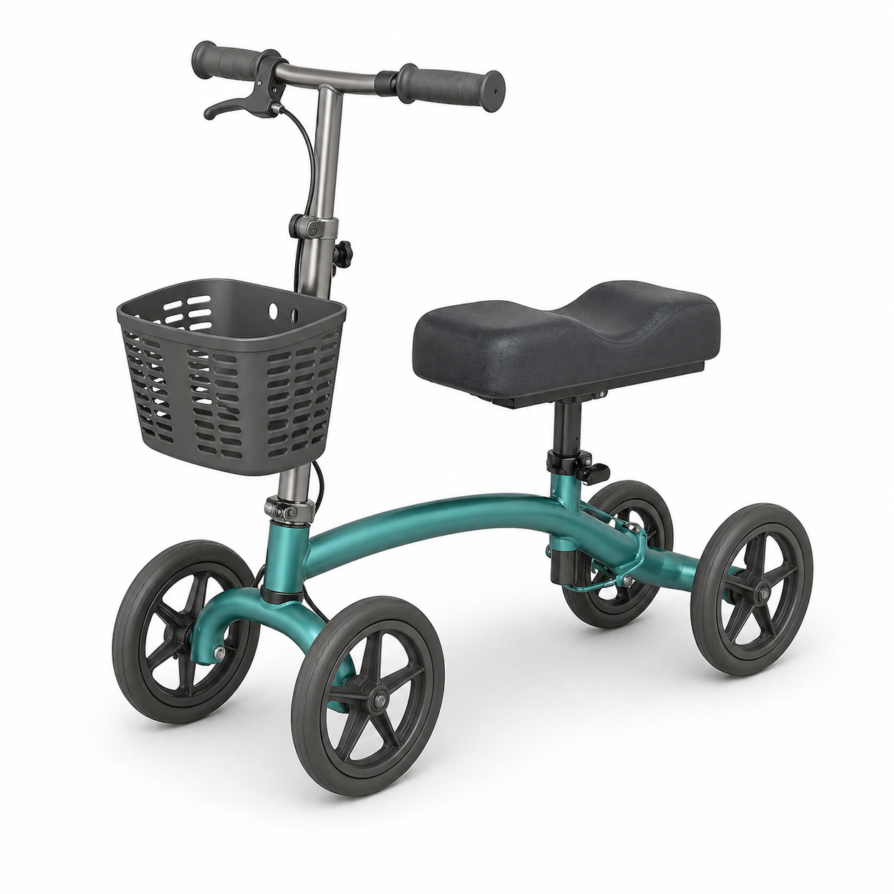 Soft 3D illustration of a teal and grey knee walker on a white background