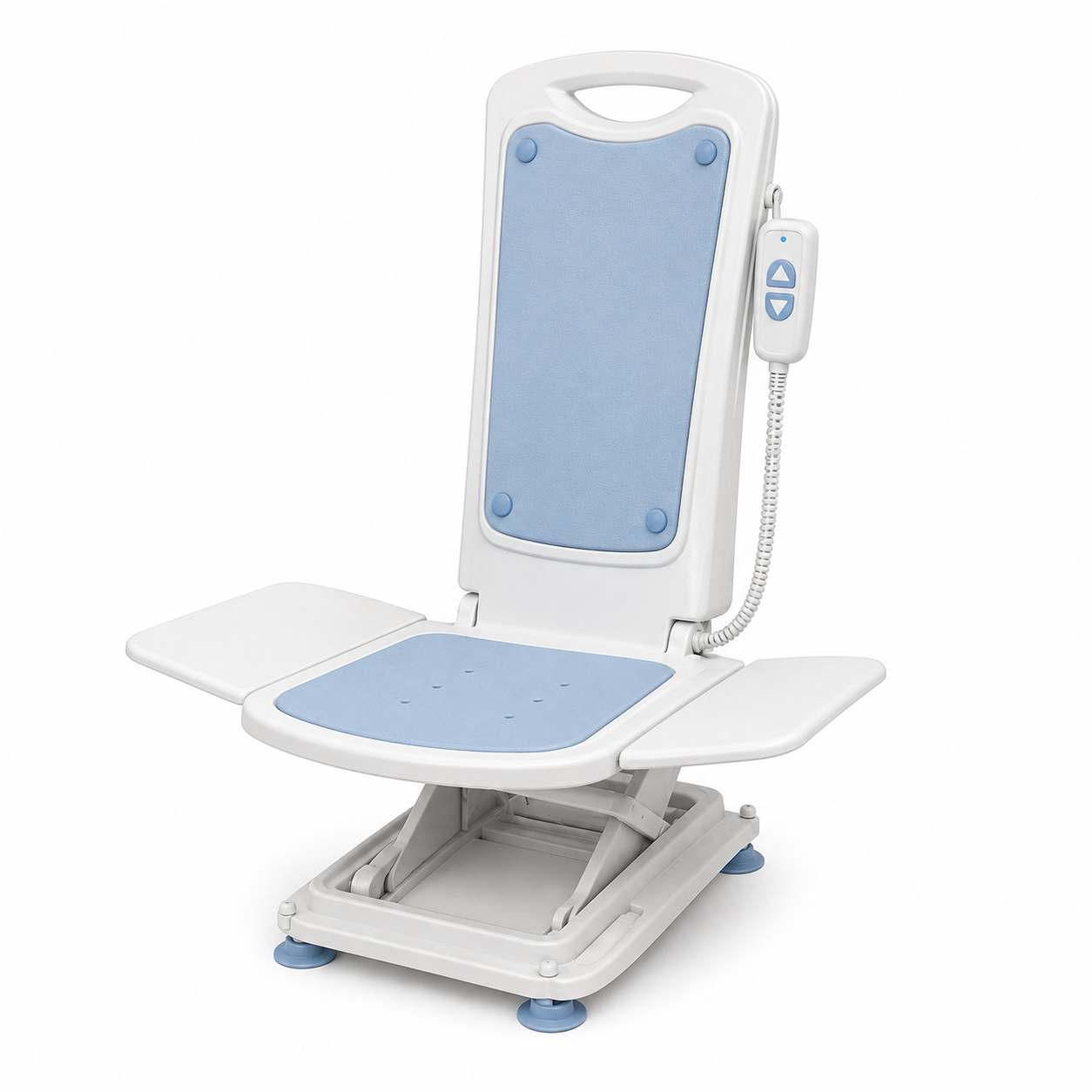 Soft 3D illustration of a white and light blue bath lift on a white background