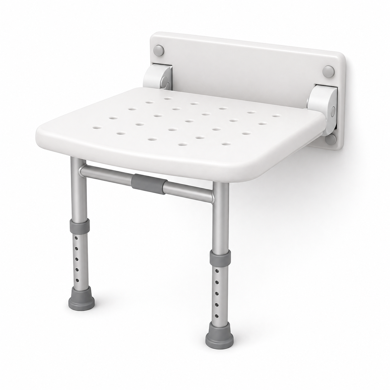 Soft 3D illustration of a white and grey shower seat on a white background