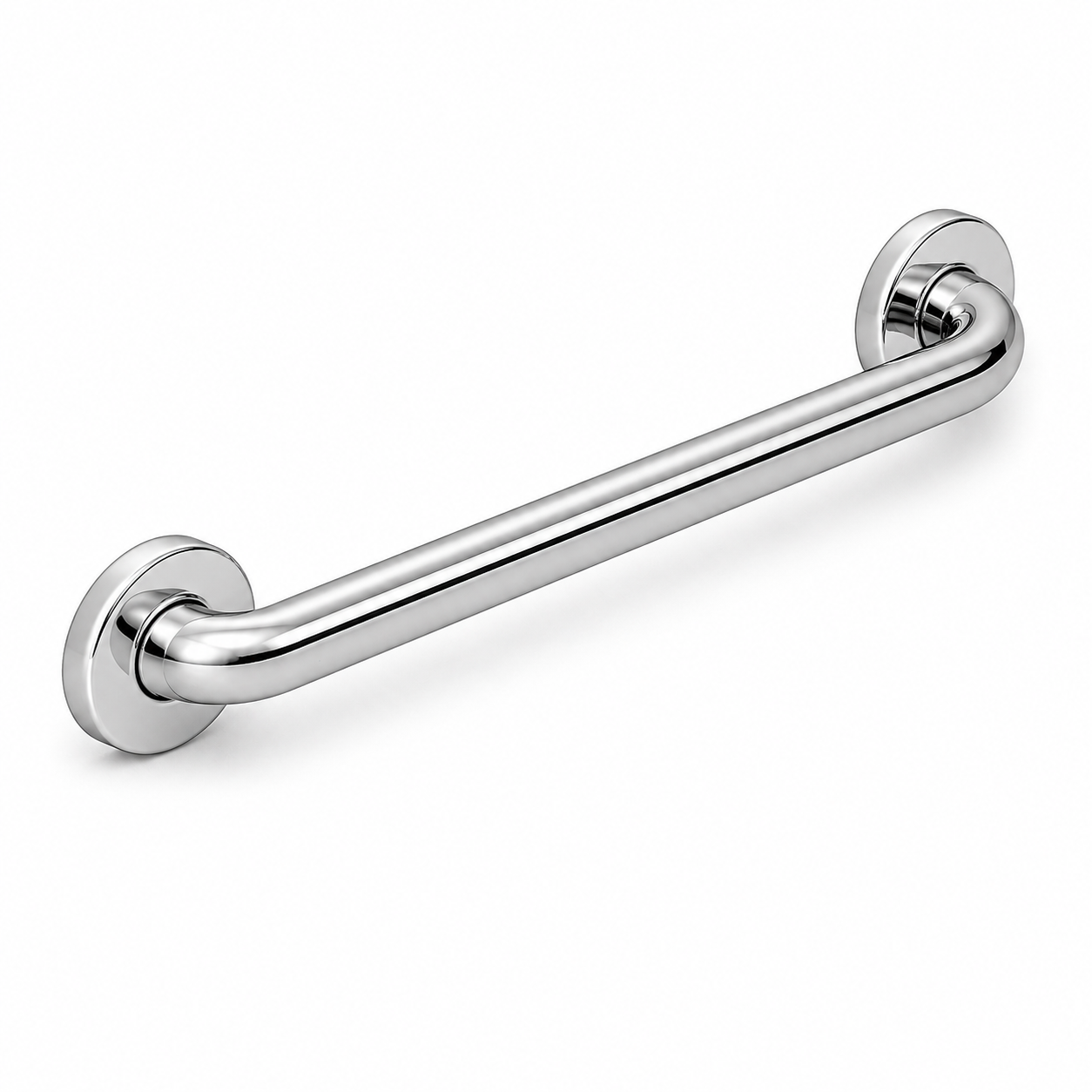 Soft 3D illustration of a polished chrome grab rail on a white background
