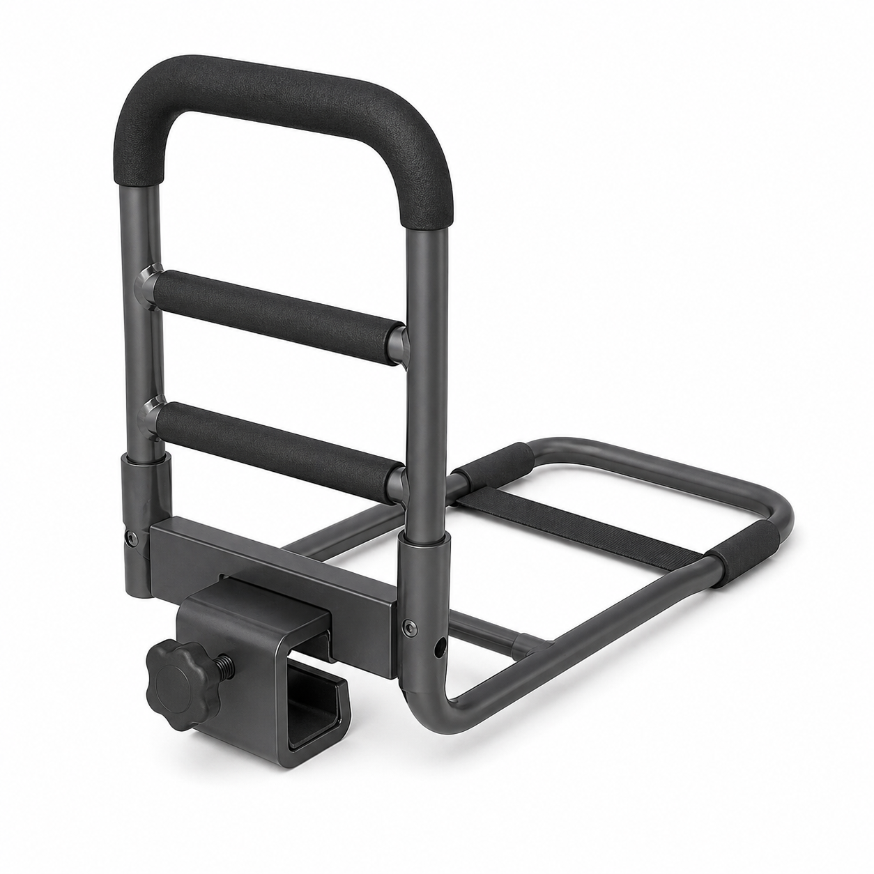 Soft 3D illustration of a dark grey and black bed rail on a white background
