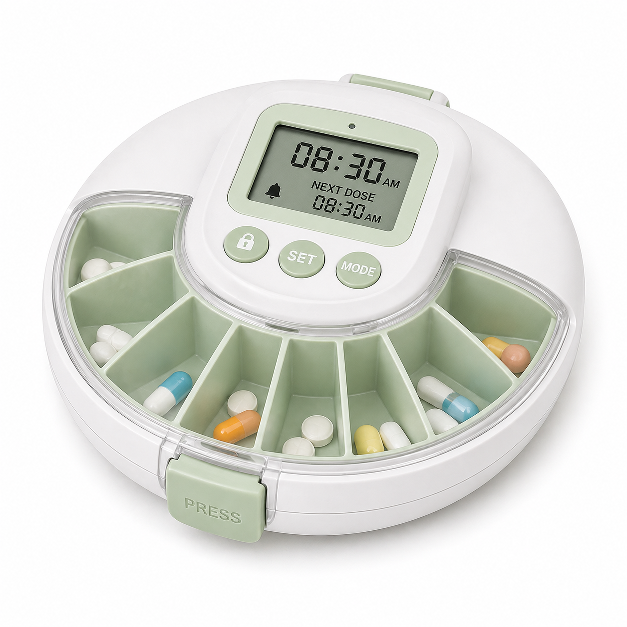 Soft 3D illustration of a white and light green pill dispenser on a white background