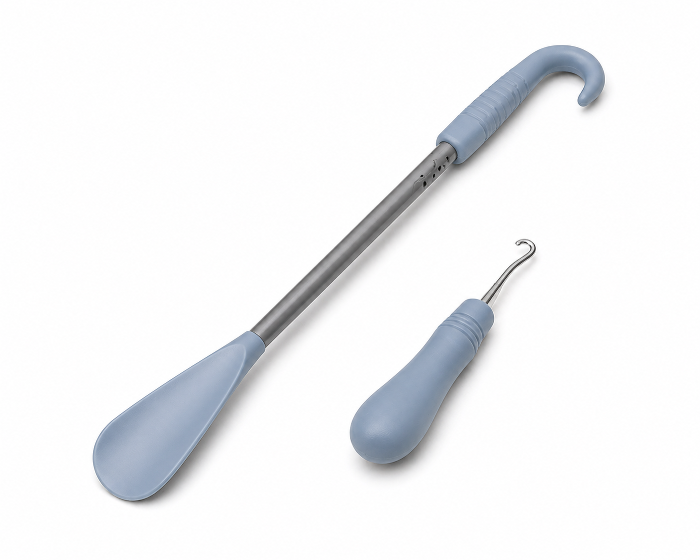 Soft 3D illustration of soft blue and grey dressing aids on a white background
