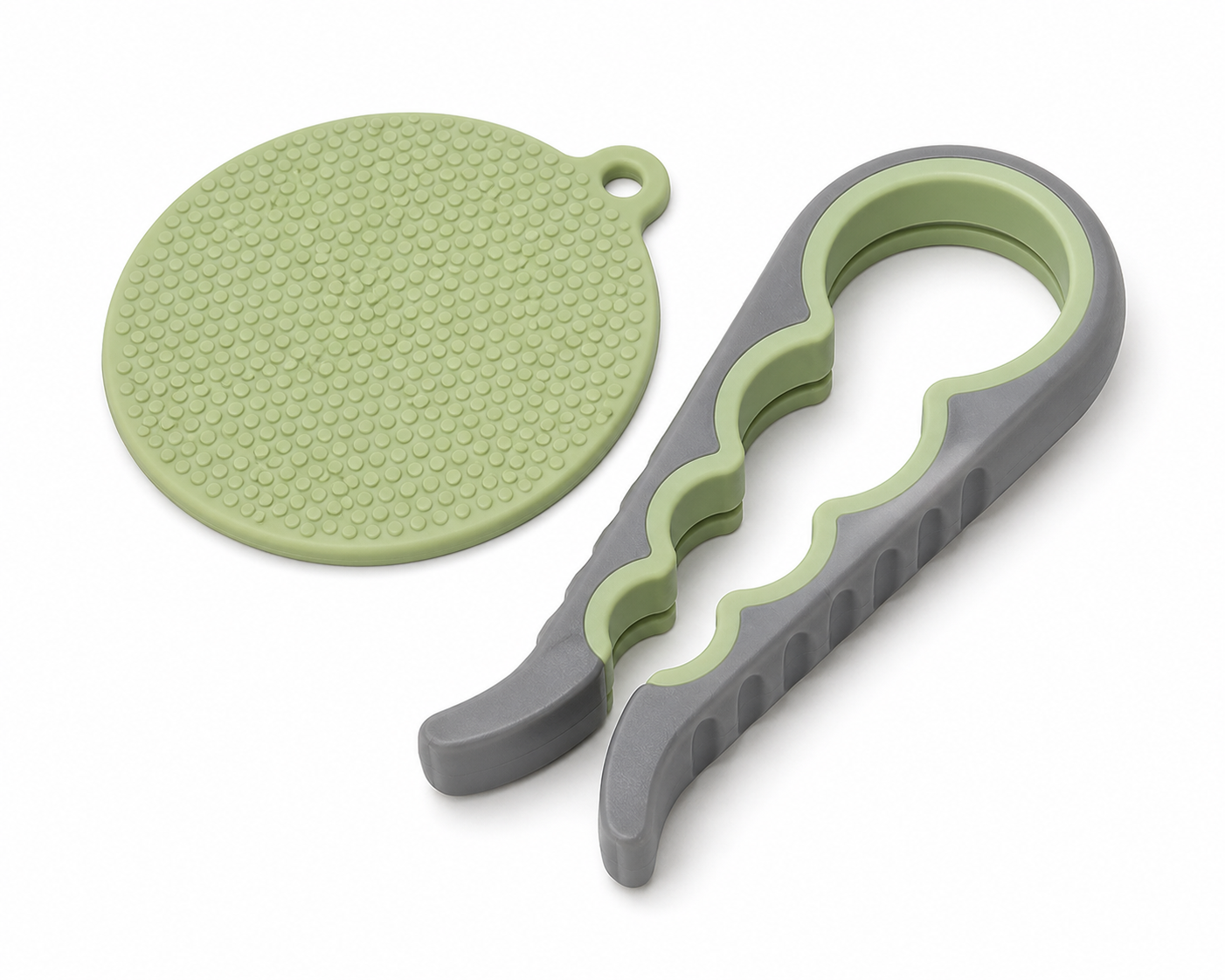 Soft 3D illustration of a soft green and grey jar opener on a white background