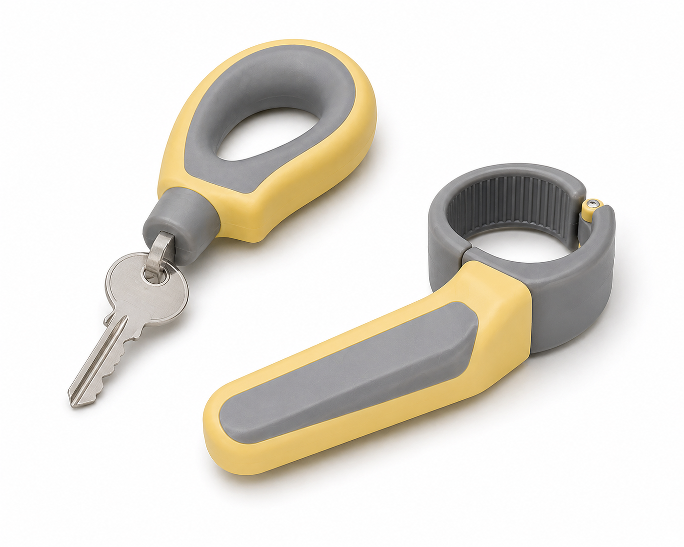 Soft 3D illustration of a soft yellow and grey key turner on a white background