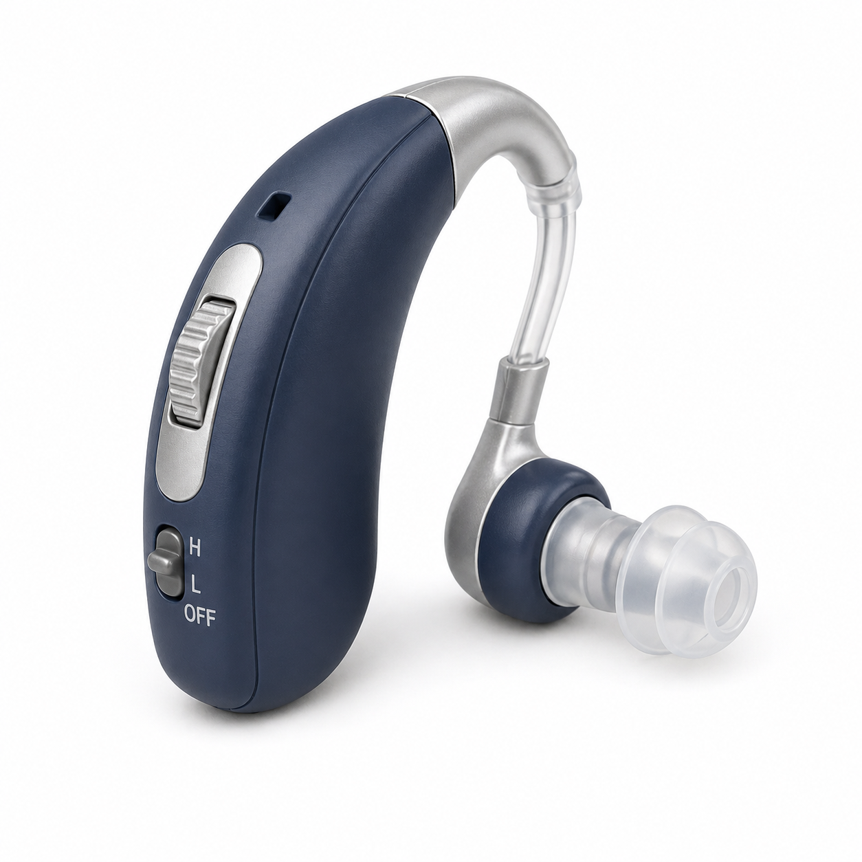 Soft 3D illustration of a navy blue and silver hearing amplifier on a white background