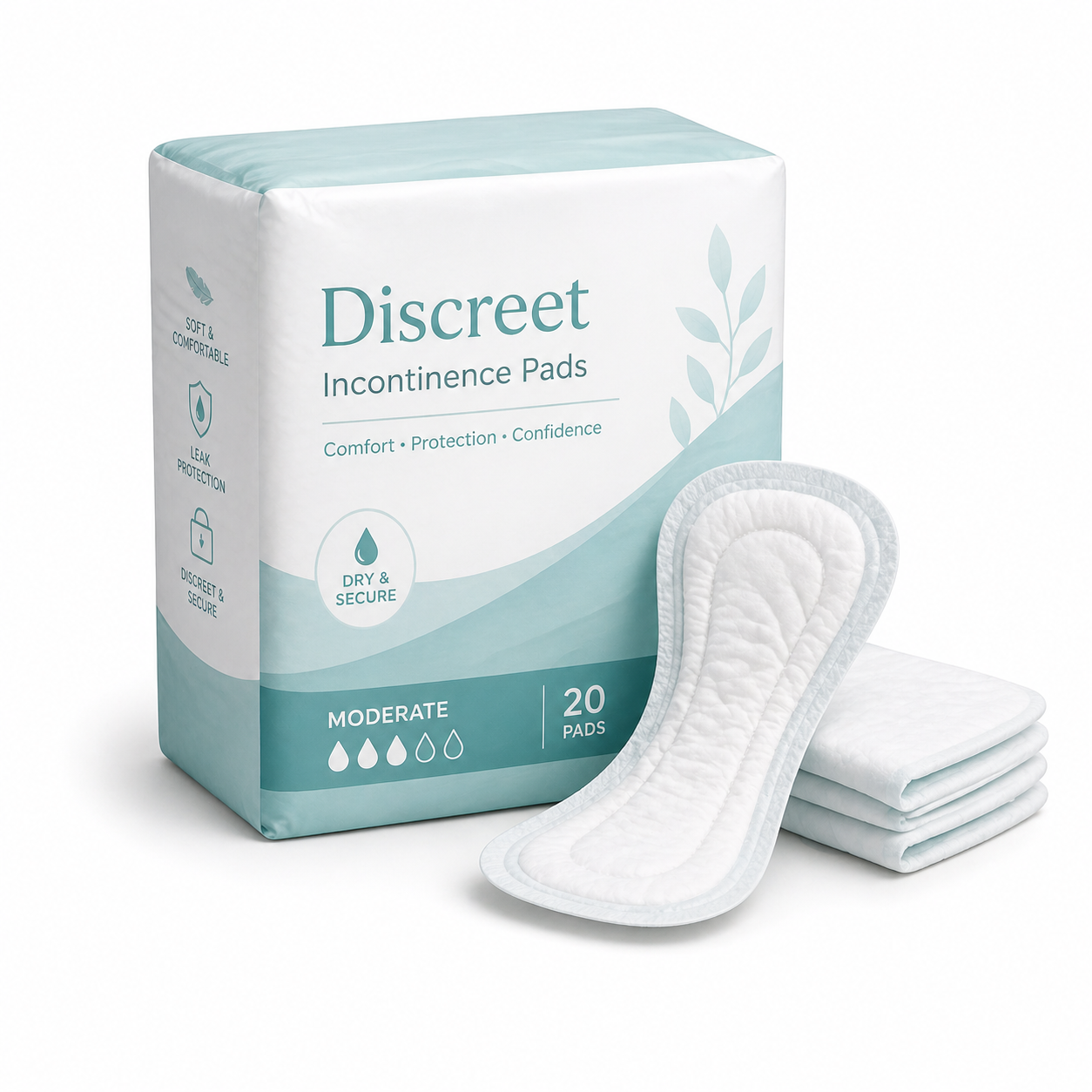Soft 3D illustration of soft teal and white incontinence pads on a white background