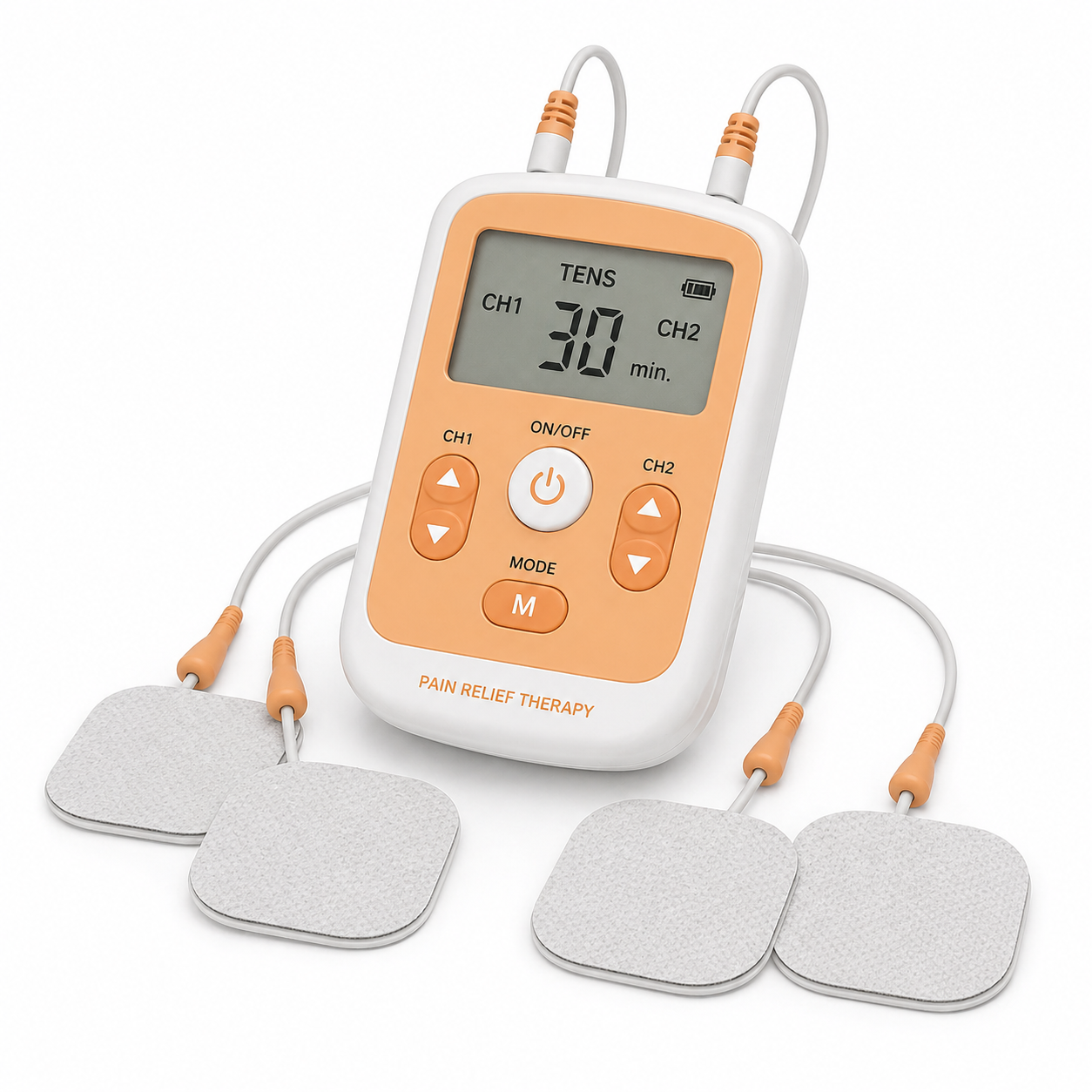 Soft 3D illustration of a soft orange and white TENS machine on a white background