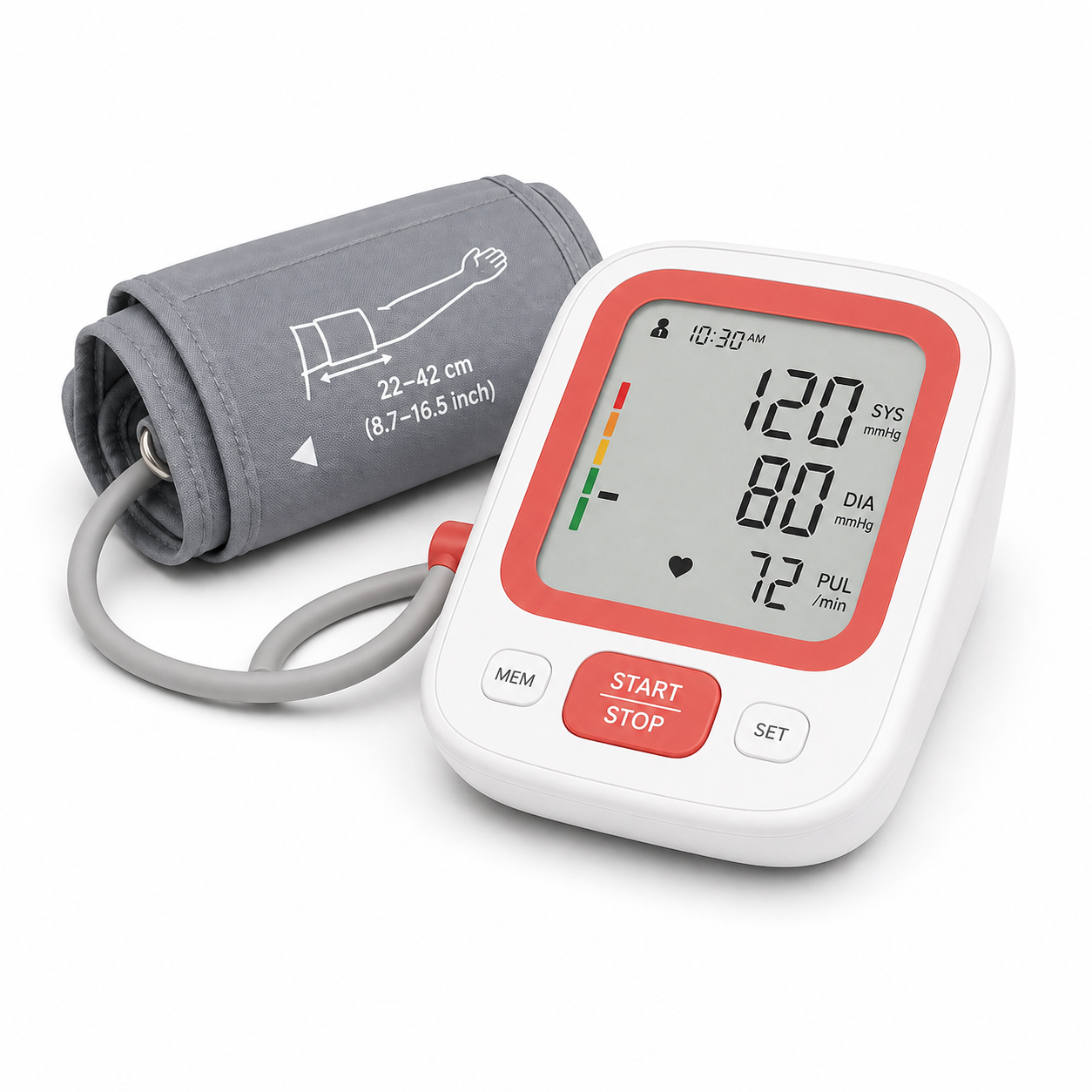 Soft 3D illustration of a soft red and white blood pressure monitor on a white background