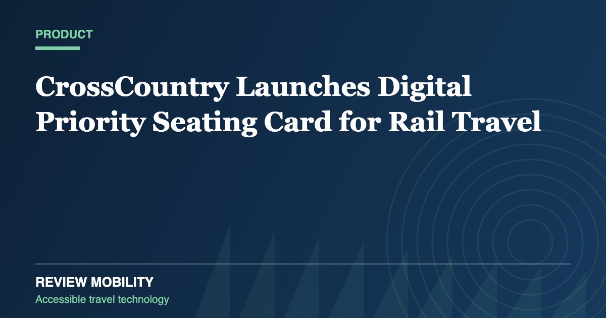 Dark blue gradient hero with the white headline 'CrossCountry Launches Digital Priority Seating Card for Rail Travel' and a green 'PRODUCT' tag at the top left; abstract circular motifs on the right.