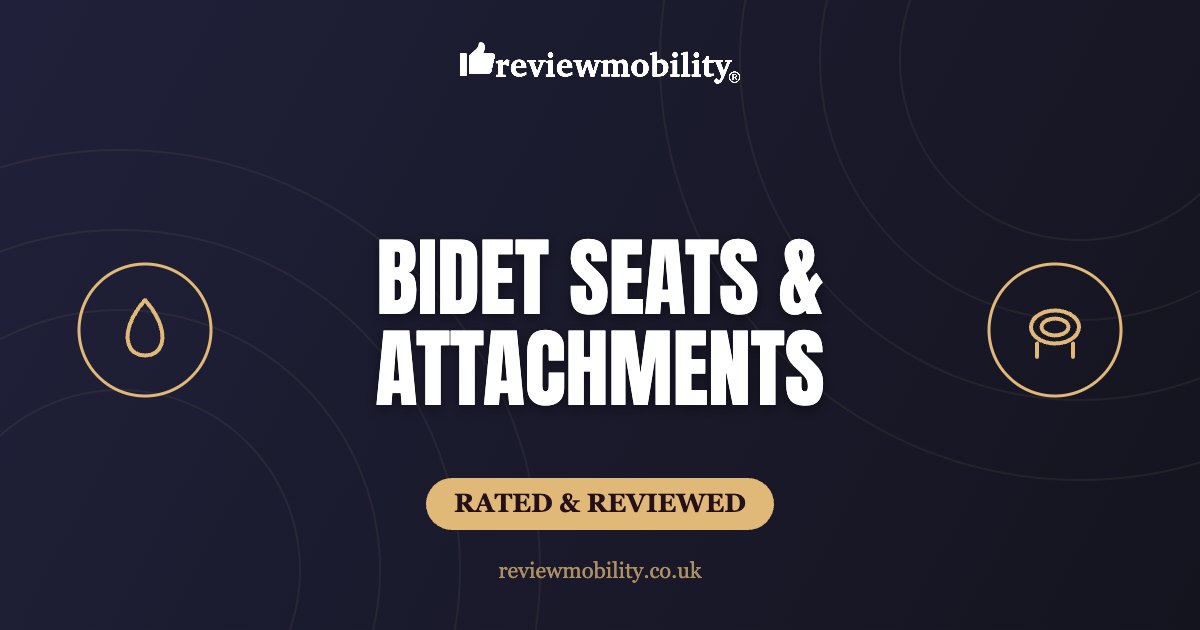 Dark blue hero banner with circular line motifs, bold white text: 'BIDET SEATS & ATTACHMENTS', and a gold rounded label 'RATED & REVIEWED' with reviewmobility.co.uk underneath.