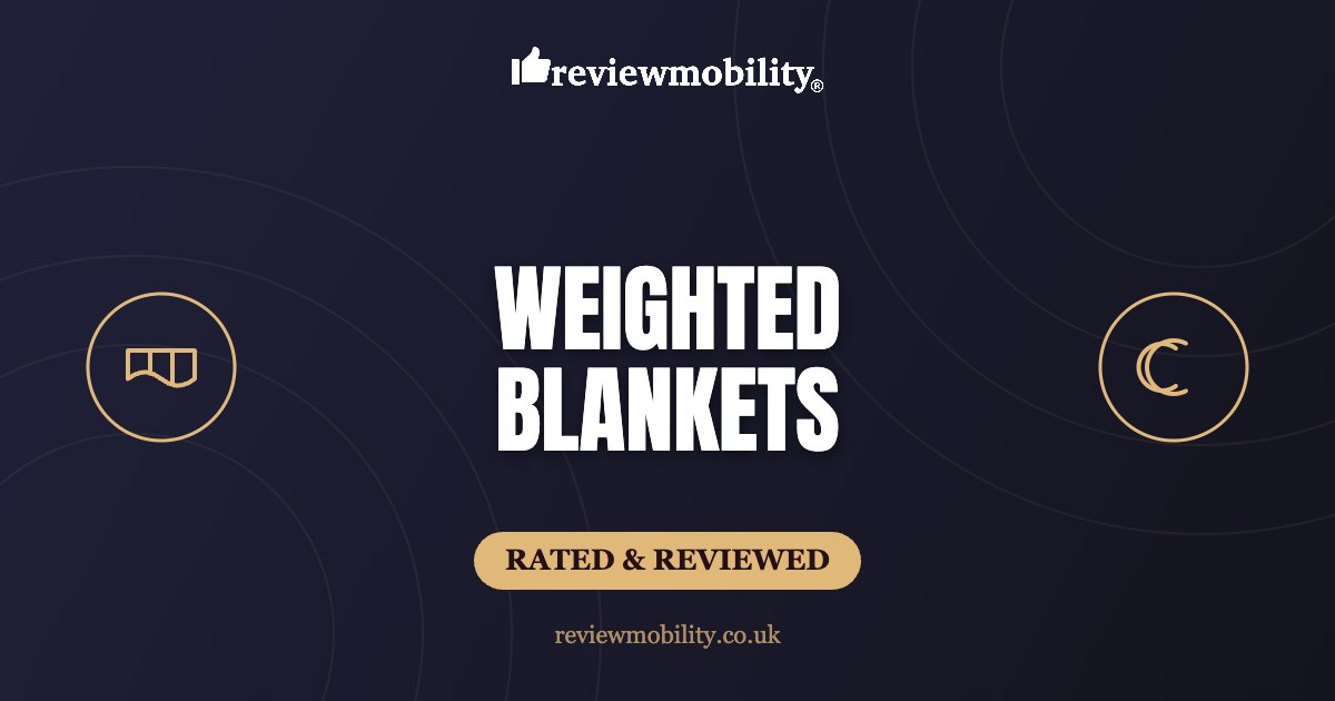 Hero banner for weighted blankets with bold white title, reviewmobility logo, and a beige rounded 'RATED & REVIEWED' badge on a dark navy background.