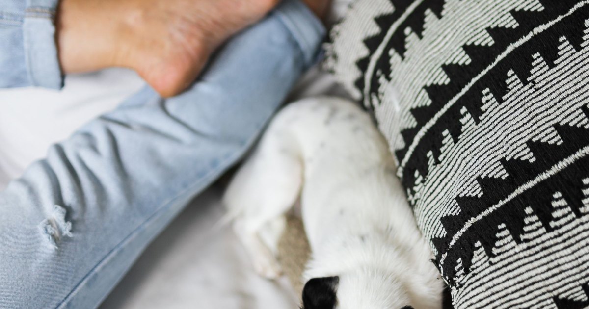 Legs resting on a sofa under a blanket
