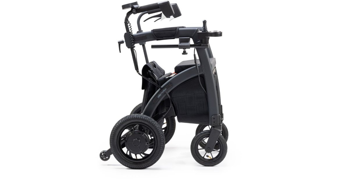 Wheeled mobility aid A wheeled mobility aid with handles and a seat on a white background