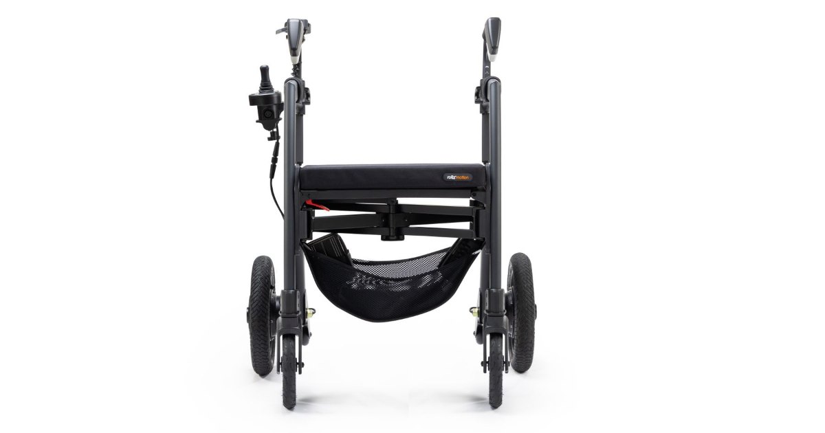 Folding mobility frame A folding wheeled mobility frame on a white background