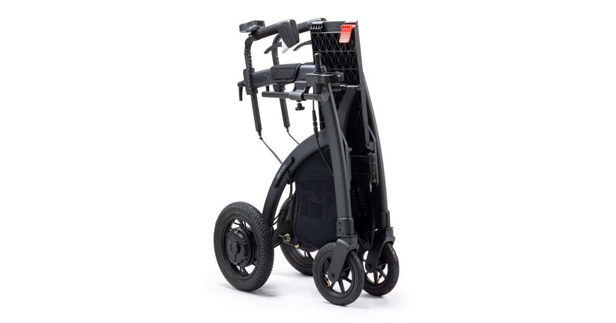Lightweight folding wheelchair A lightweight folding wheelchair with small rear wheels on a white background