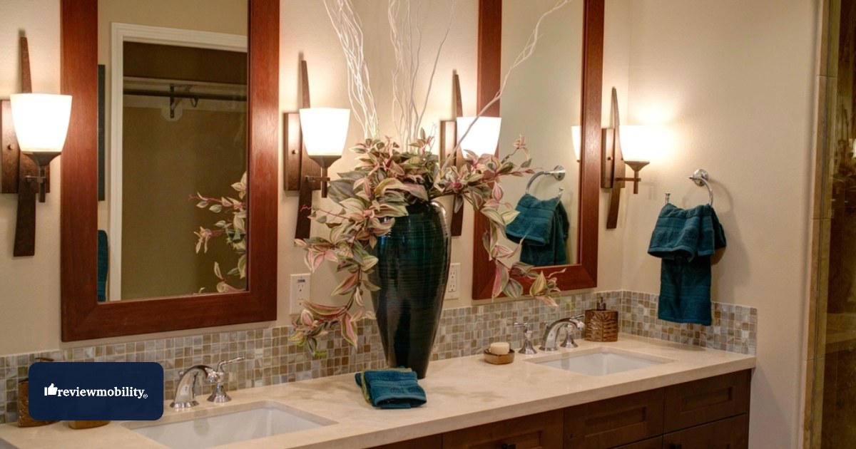 Double vanity bathroom scene with two sinks, mirrors, and teal towels, centered by a tall vase of pink-green foliage.