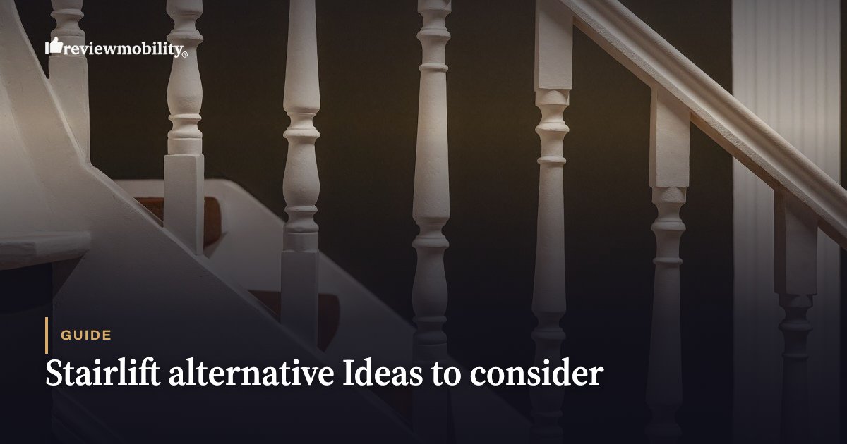 Stairlift alternative Ideas to consider Header image: staircase with white railings for a guide on stairlift alternatives; Review Mobility logo visible