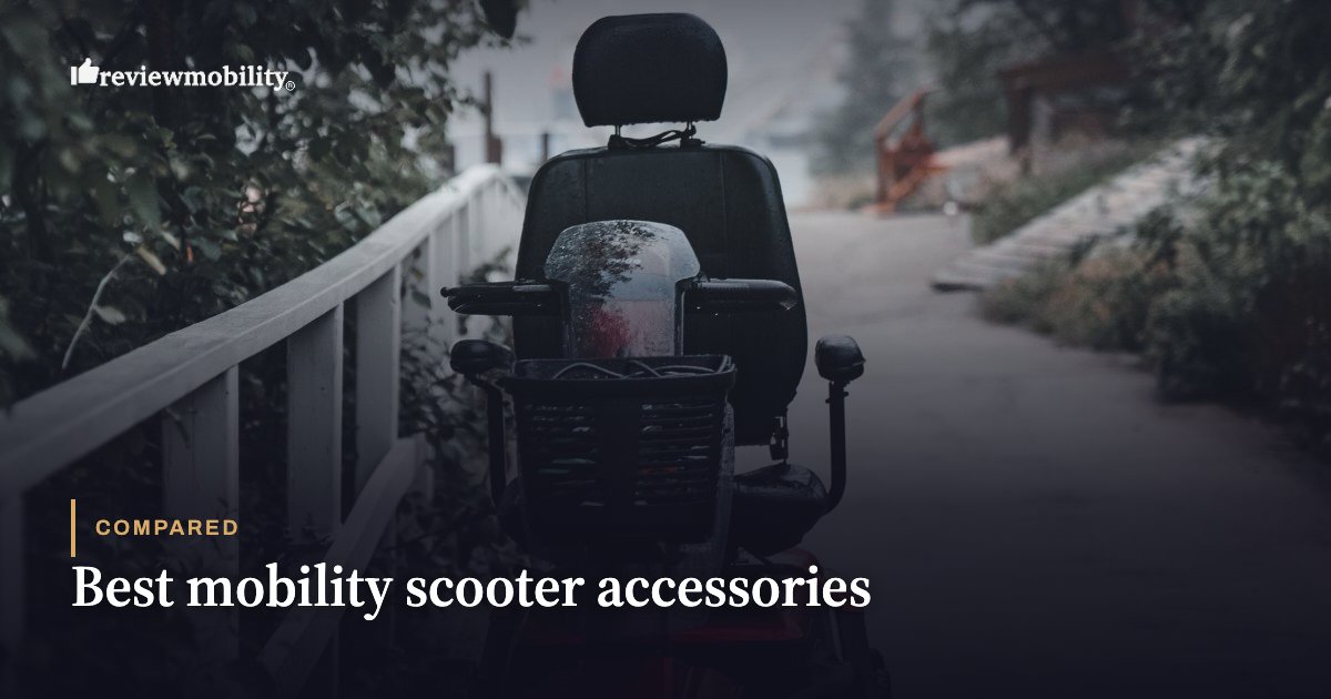 Hero image for an article: 'Best mobility scooter accessories' on Review Mobility, featuring a mobility scooter on a path with a logo in the corner.