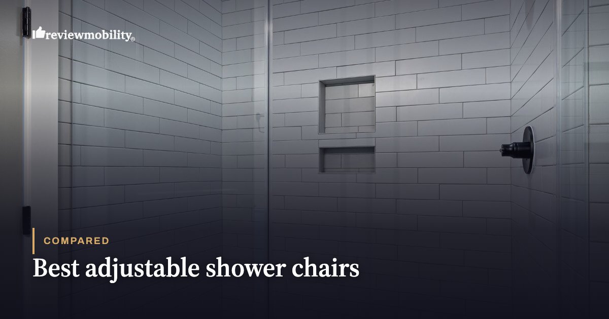 Shower stall with white subway tiles and a glass door, overlaid with the article title 'Best adjustable shower chairs' and a Review Mobility logo in the corner (hero image).