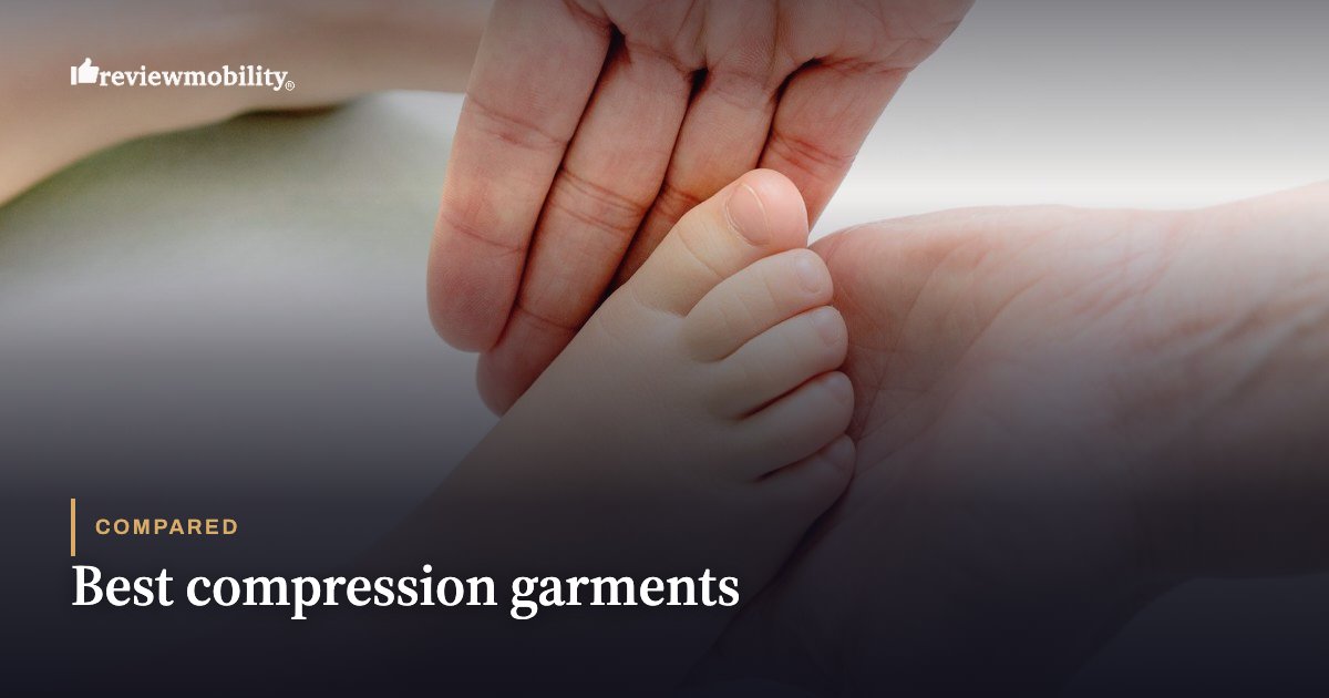 Best compression garments Close-up of an adult hand holding a baby's hand with a dark gradient overlay and the headline 'Best compression garments'.