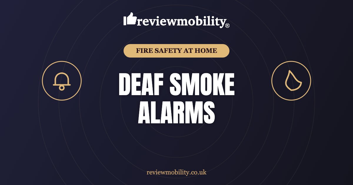 Hero banner promoting deaf smoke alarms: includes 'FIRE SAFETY AT HOME', large 'DEAF SMOKE ALARMS' text, reviewmobility logo, and bell and droplet icons with the site URL
