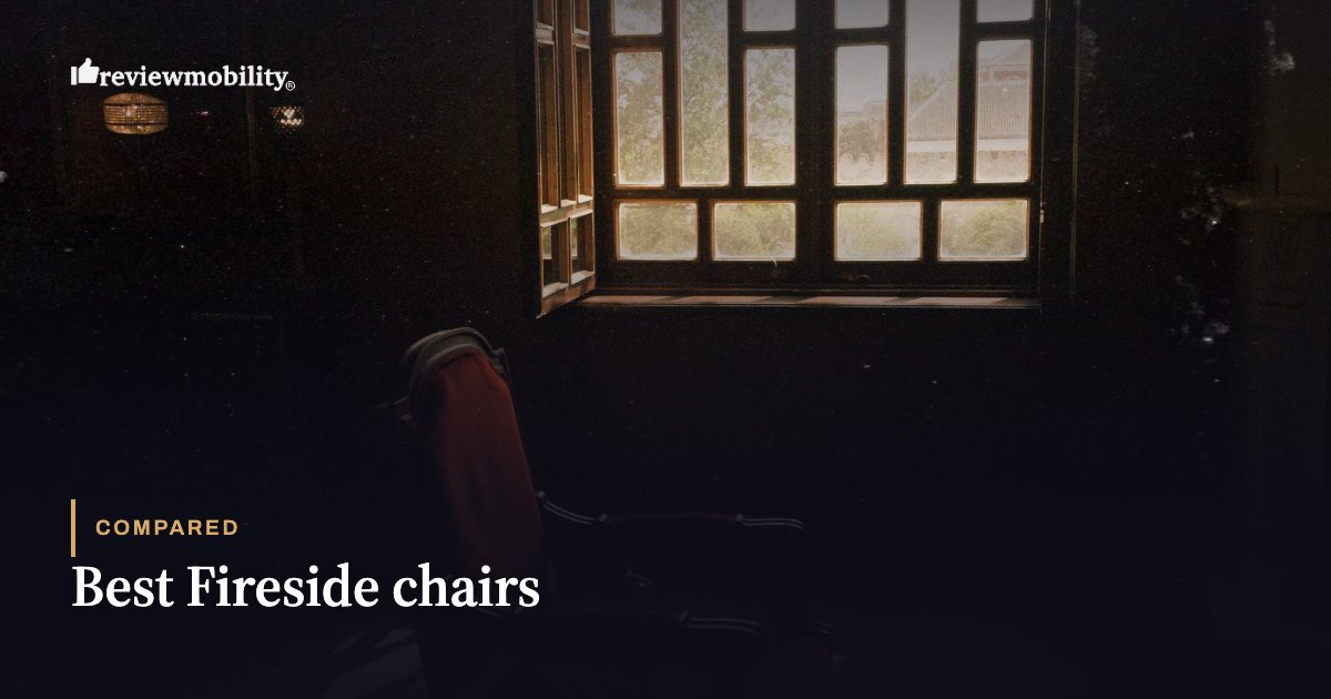 Dark room with a single fireside chair by a sunlit window; article title 'Best Fireside chairs' with a 'Compared' label in the bottom-left corner.