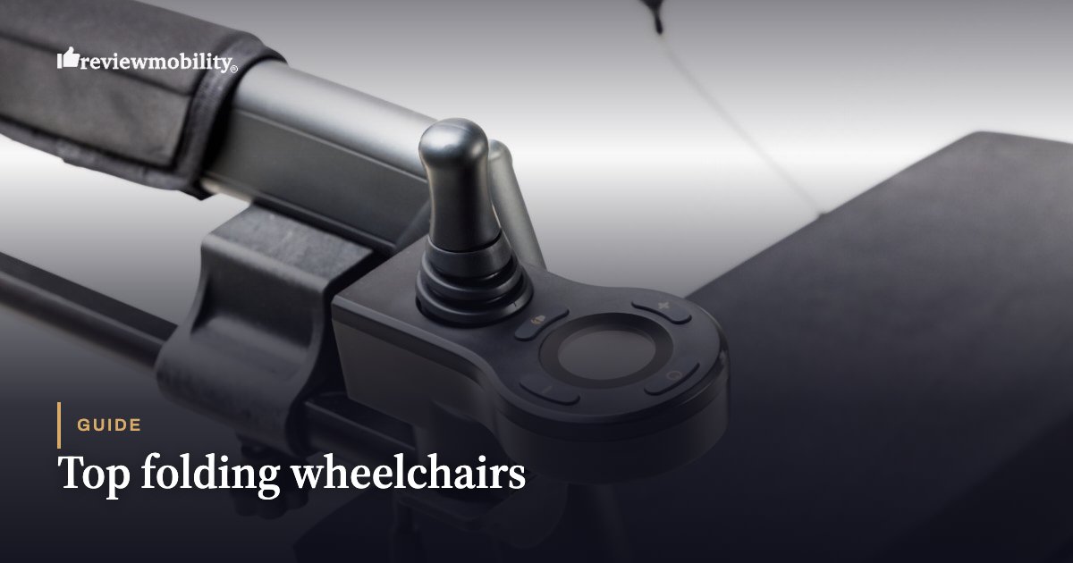 Close-up of a wheelchair joystick and armrest with a 'Guide: Top folding wheelchairs' overlay and Review Mobility watermark.