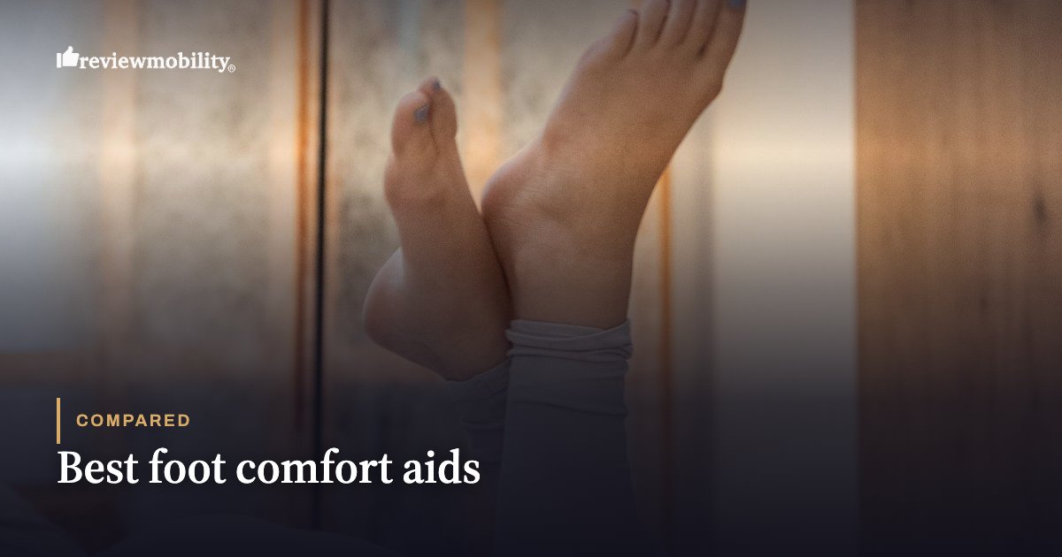 Best foot comfort aids Feet raised in the air with ankles wrapped, accompanying an article comparing the best foot comfort aids on Review Mobility.