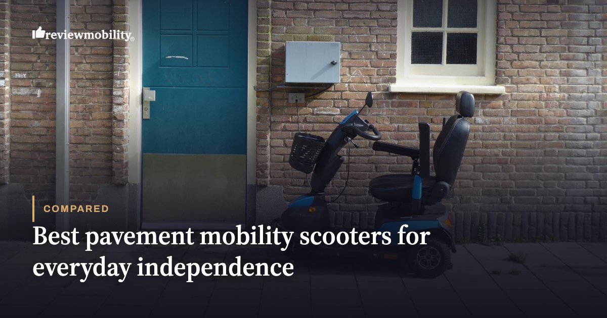 Best pavement mobility scooters for everyday independence Mobility scooter parked on a sidewalk in front of a brick building with a teal door; page logo in top-left and article title about pavement mobility scooters.,