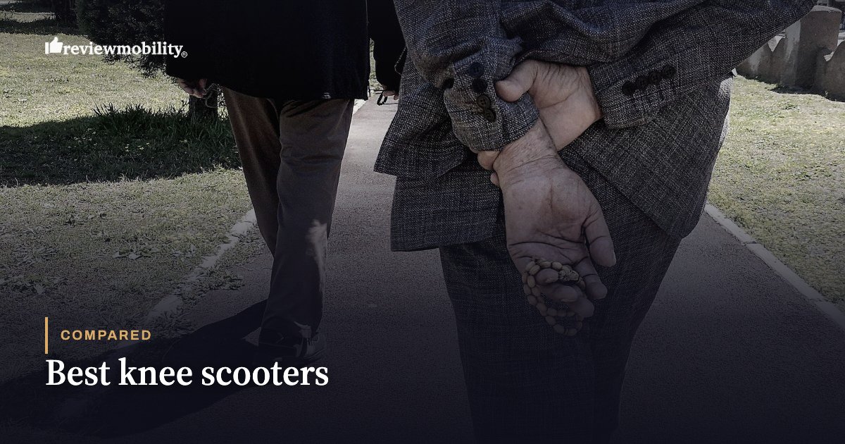 Best knee scooters Hero banner for Review Mobility: two people walking away on a path; foreground hand holds prayer beads, with text 'Best knee scooters' and 'COMPARE' on dark overlay.