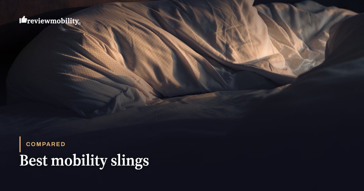Review Mobility hero banner with bed sheets background and the title 'Best mobility slings' (comparison article).