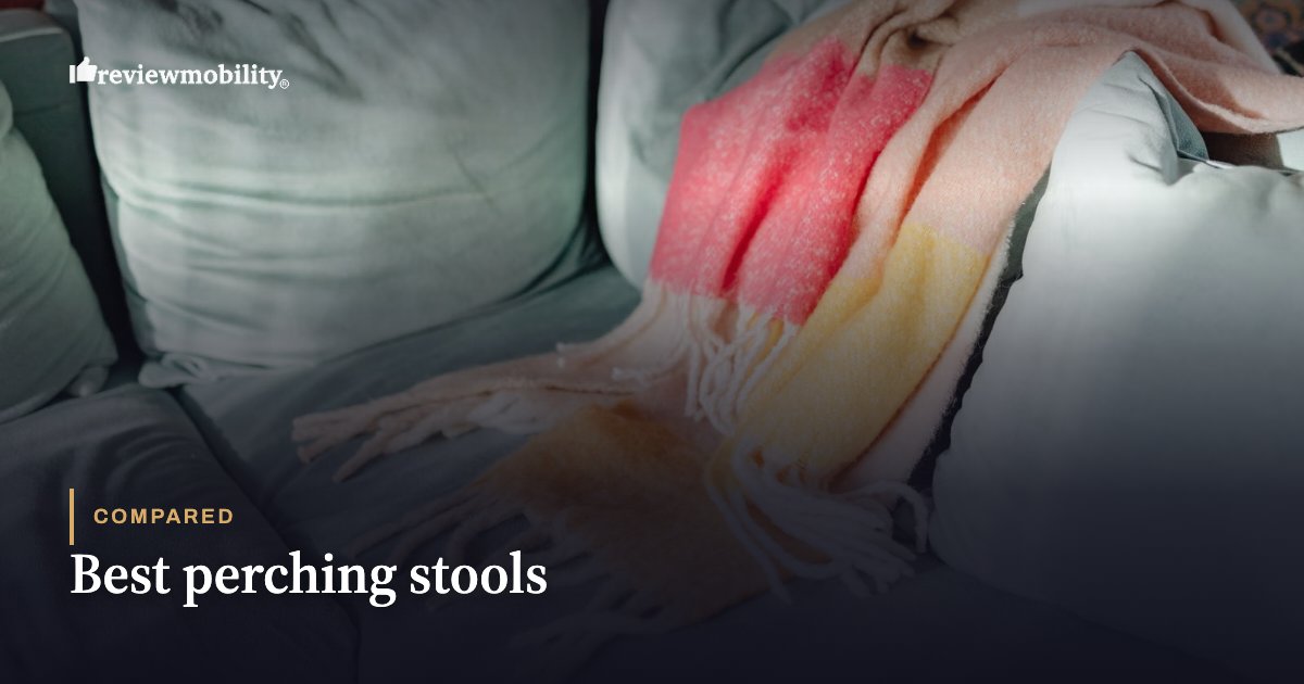 Best perching stools Living room scene with a multicolored blanket draped over a gray sofa; article title 'Best perching stools' appears on a dark gradient overlay.