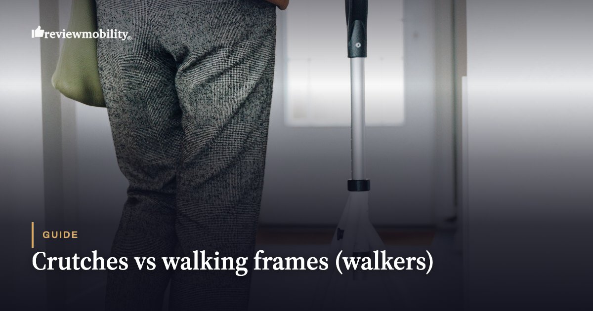 Crutches vs walking frames (walkers) Guide image showing a person with a walking aid (crutch or cane) in a doorway, illustrating mobility assistance