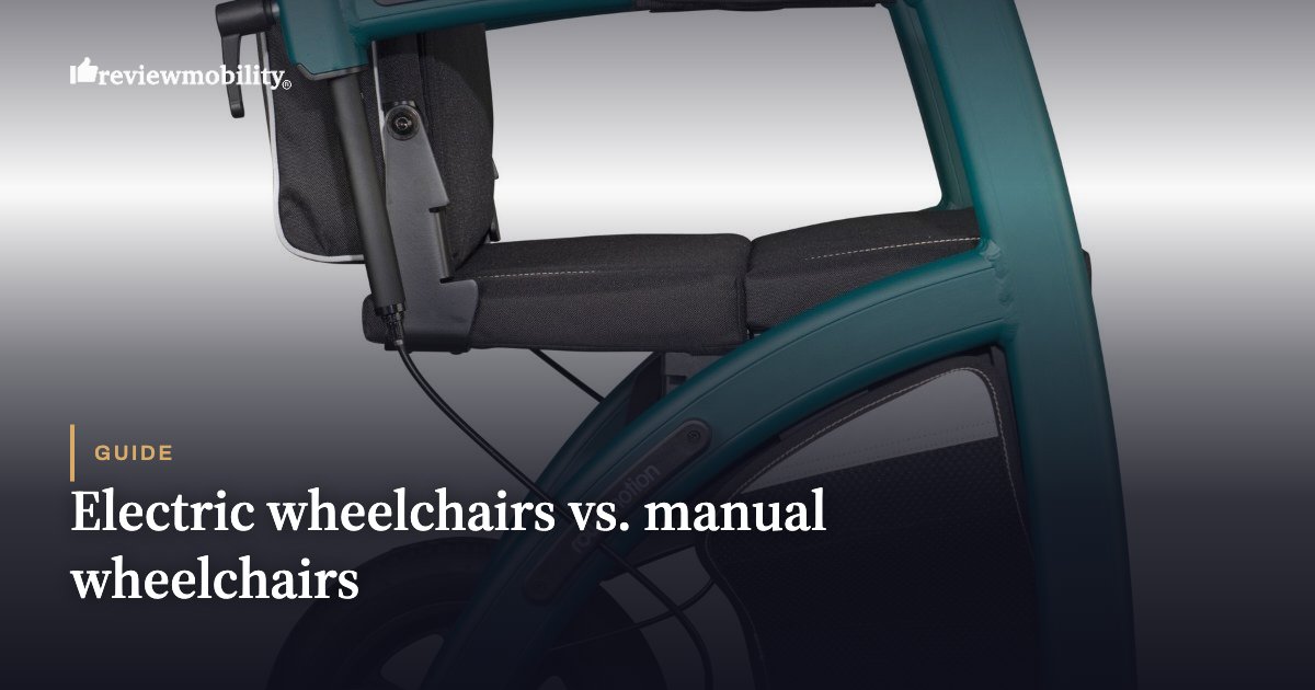 Hero image for an article comparing electric and manual wheelchairs, featuring part of a teal wheelchair on a dark-to-light gradient background with the word 'Guide' and the title 'Electric wheelchairs vs. manual wheelchairs'