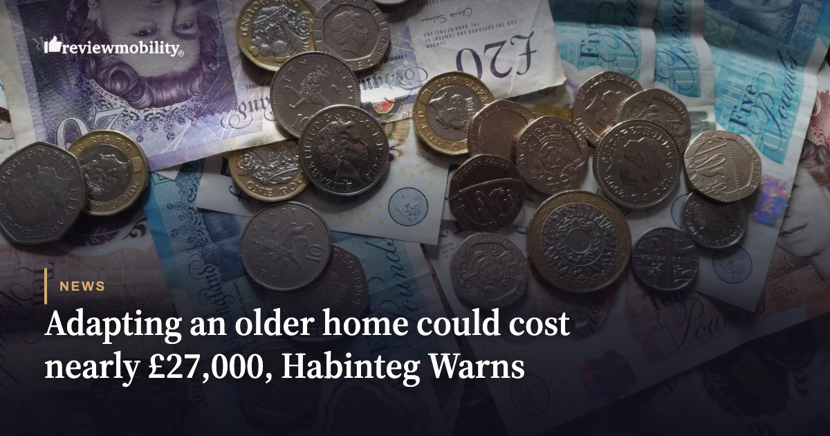 Coins and banknotes scattered across a surface, with a news headline about adapting an older home costing nearly £27,000.