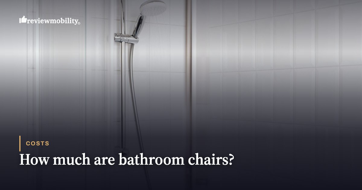 Header image for a costs article: chrome shower fixtures with a dark gradient overlay and the title 'How much are bathroom chairs?'.