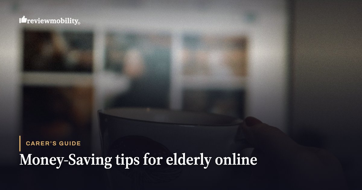 Caregiver’s Guide hero: Money-Saving tips for elderly online, logo in top-left, blurred background with a hand holding a cup