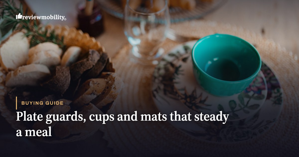 Plate guards, cups and mats that steady a meal A laid breakfast table with plates, bread and a cup. Plate guards, cups and mats that steady a meal