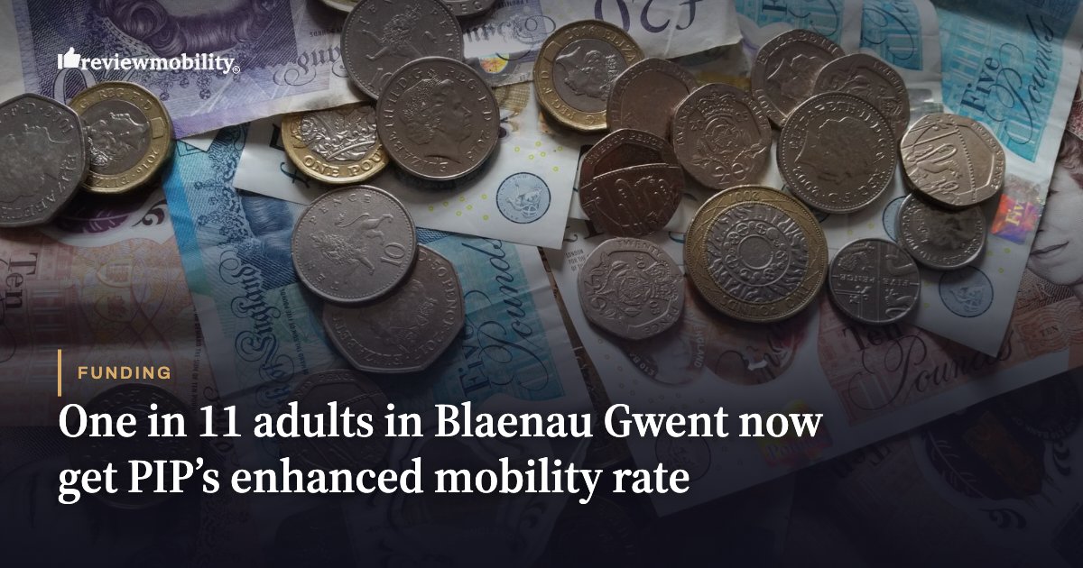 Funding banner about PIP enhanced mobility rate: logo in corner with coins and banknotes; text reads that one in 11 adults in Blaenau Gwent now get it.