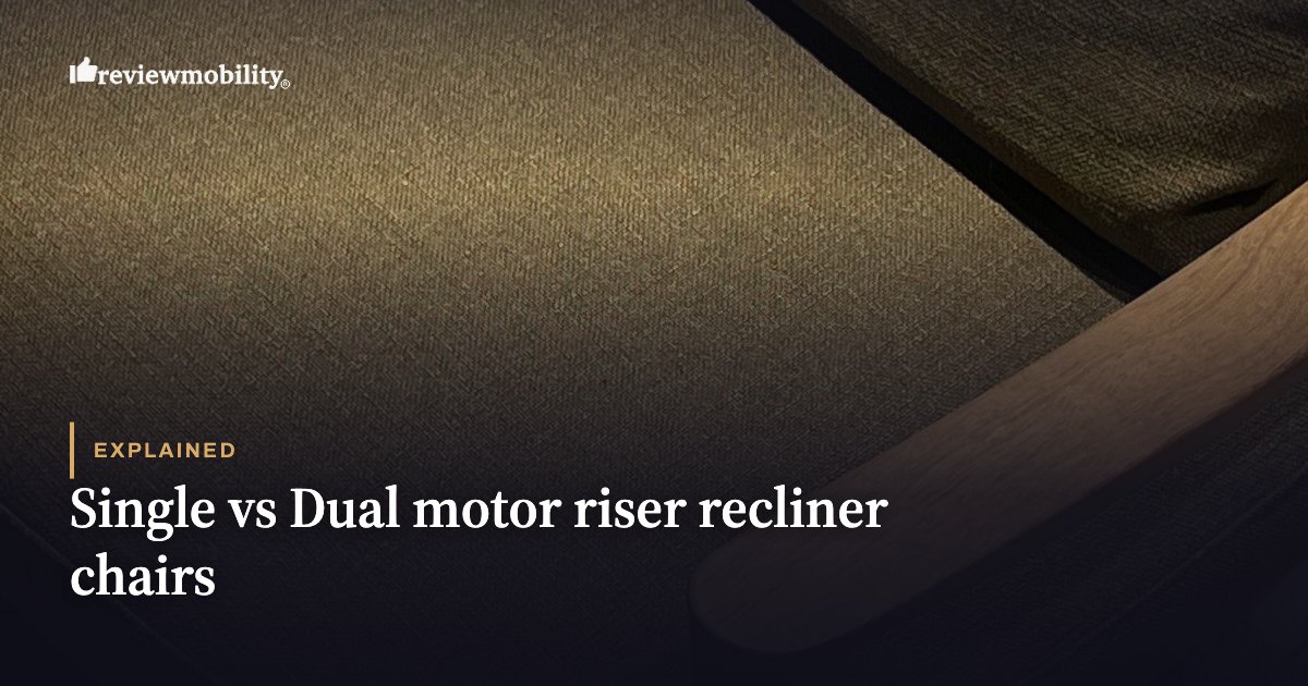 Hero image for an article titled 'Single vs Dual motor riser recliner chairs' with an 'Explained' tag and Review Mobility logo in the top-left corner.