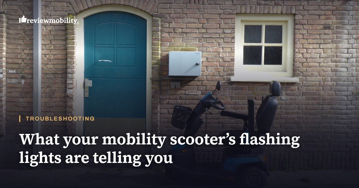Mobility scooter flashing lights and error codes A blue mobility scooter parked against a brick wall, with the headline: what your mobility scooter’s flashing lights are telling you